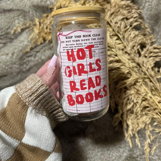 Hot girls read books glass can cup with bamboo lid and straw, aesthetic book lover drinkware