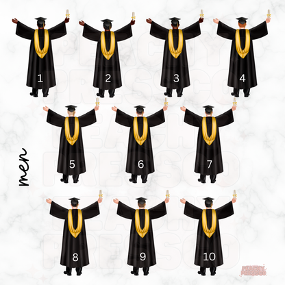 men in graduation gowns and caps with gold stoles on a white background.