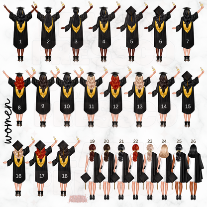 Graduation selection chart with various hairstyles and hair colors for women.