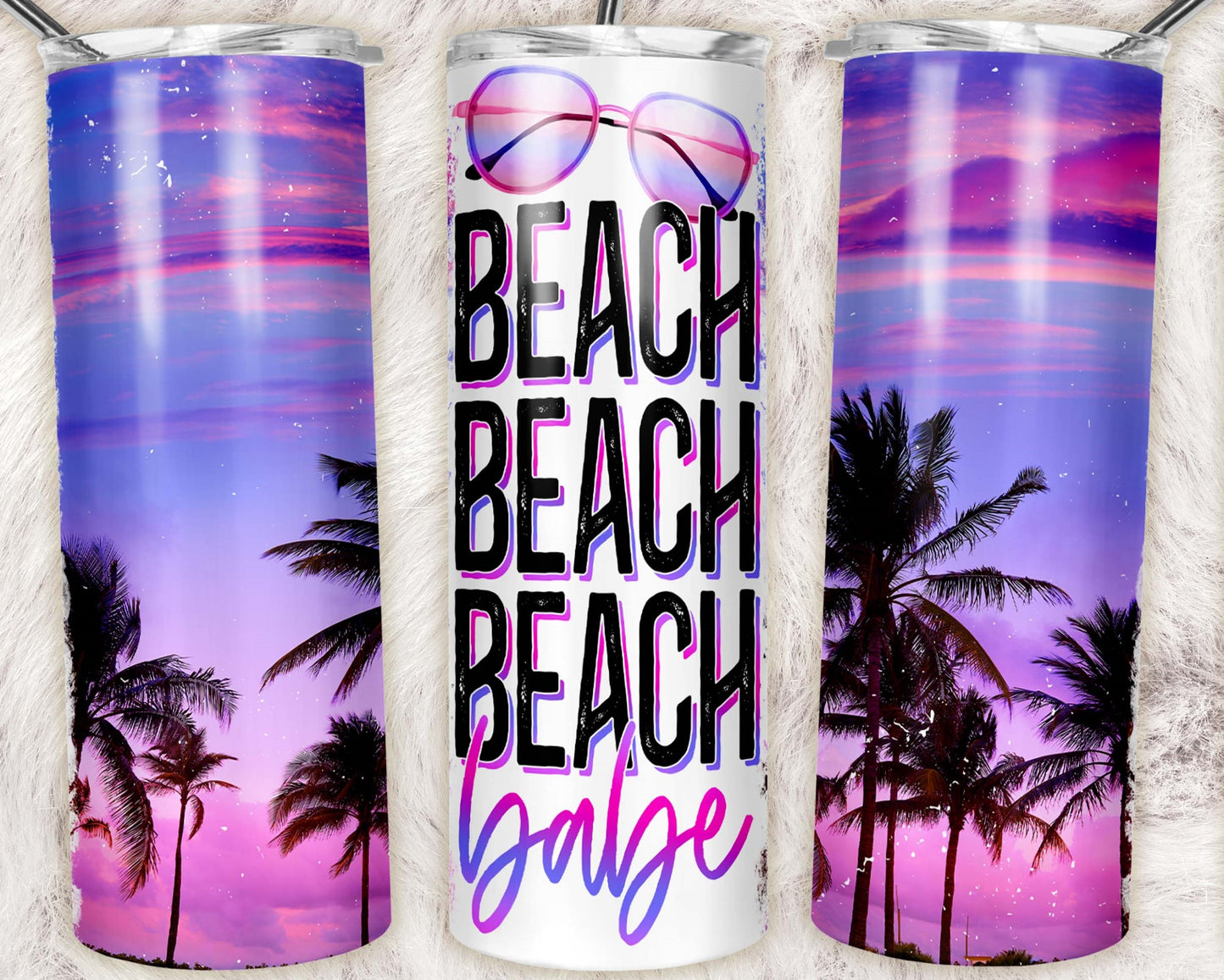 20oz stainless steel tumbler featuring a vibrant purple and pink tropical sunset with palm trees, oversized "Beach Beach Beach" lettering, and a cursive "Babe" design. Includes reusable straw.