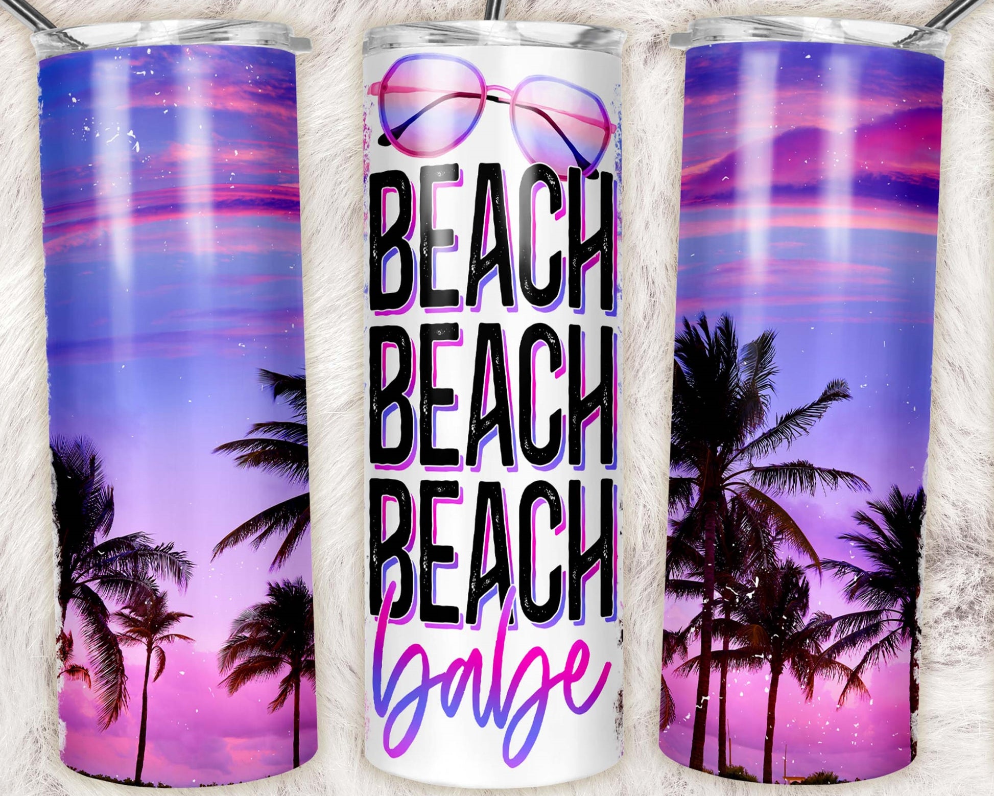 20oz stainless steel tumbler featuring a vibrant purple and pink tropical sunset with palm trees, oversized "Beach Beach Beach" lettering, and a cursive "Babe" design. Includes reusable straw.