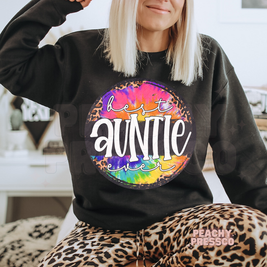 Black sweatshirt featuring a colorful tie-dye and leopard print "Best Auntie Ever" graphic. Fun and vibrant gift for the world's best aunt.