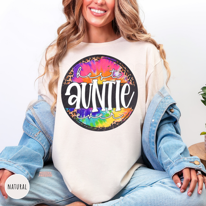 Natural shirt with a colorful tie-dye and leopard print "Best Auntie Ever" graphic. A cheerful and thoughtful gift for any proud aunt.