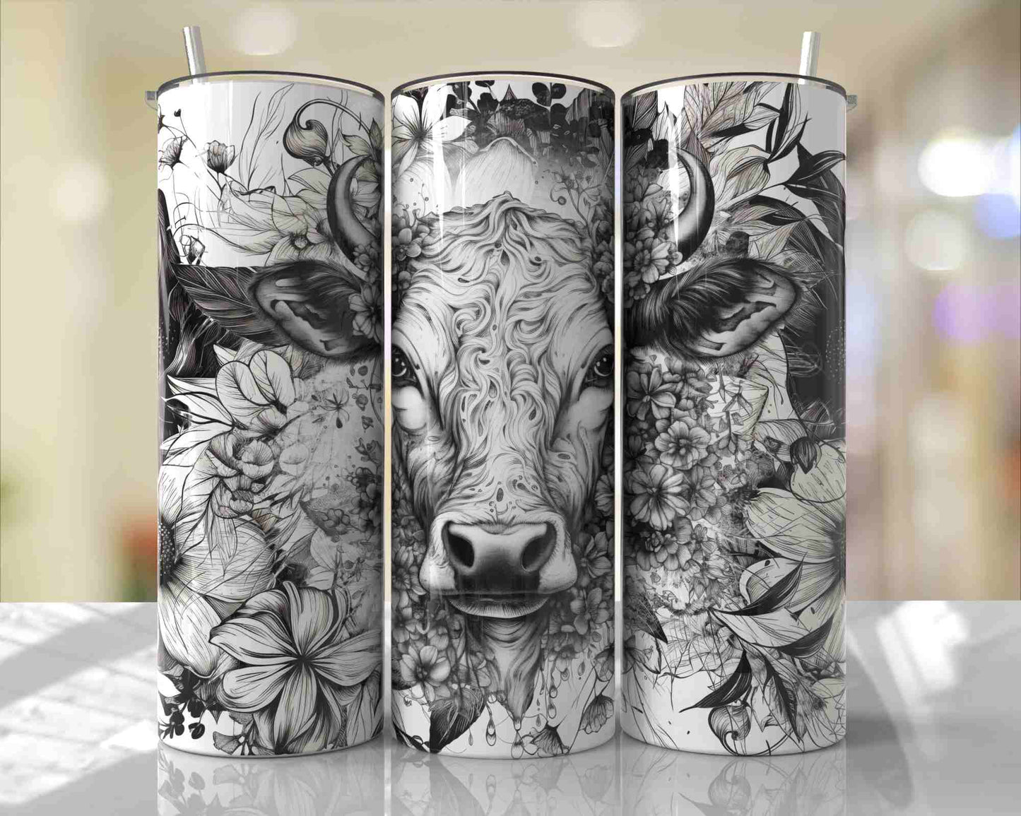 Elegant black and white floral cow portrait with detailed botanical illustrations on a full wrap 20oz skinny tumbler.