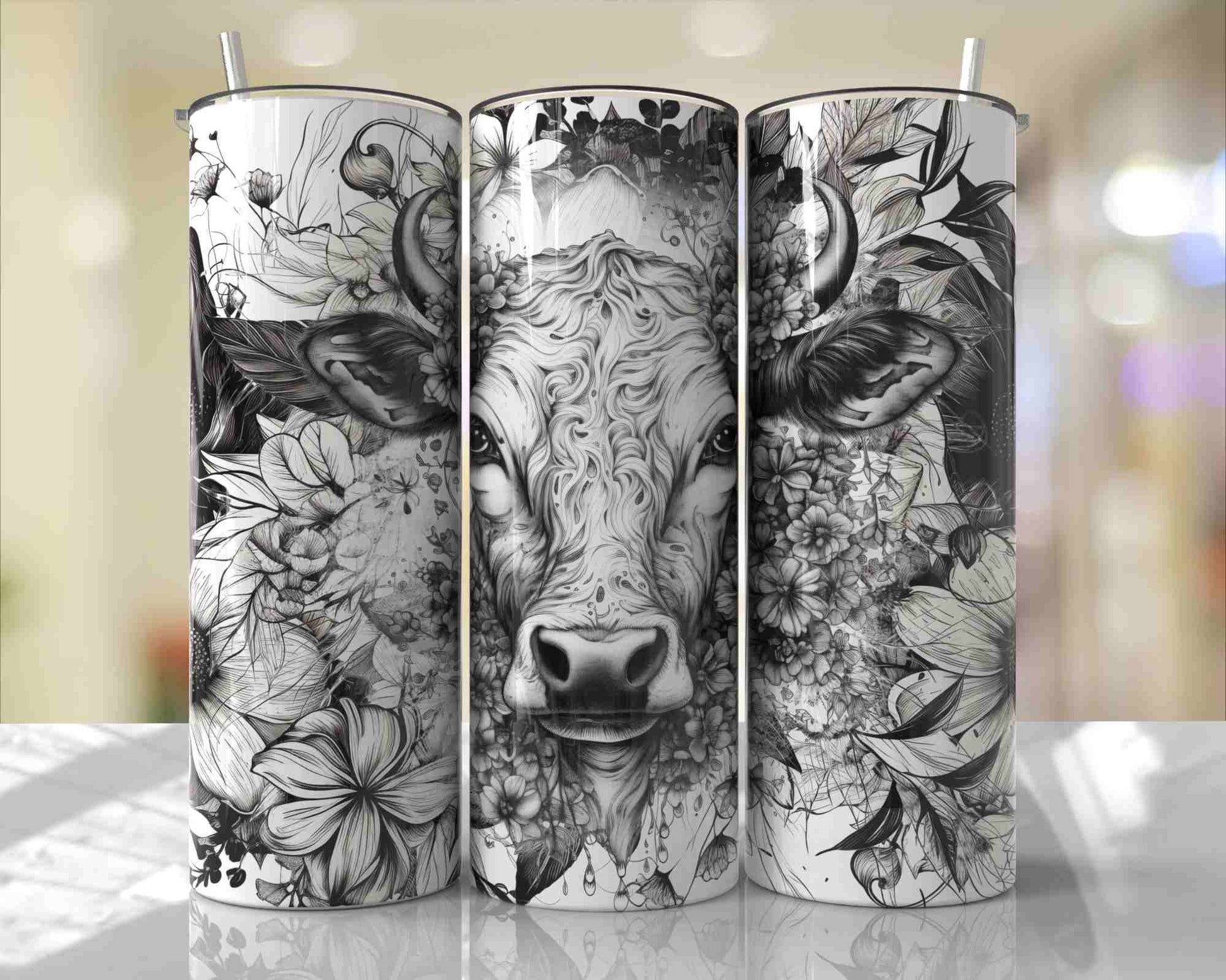 Elegant black and white floral cow portrait with detailed botanical illustrations on a full wrap 20oz skinny tumbler.