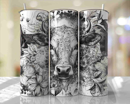 Elegant black and white floral cow portrait with detailed botanical illustrations on a full wrap 20oz skinny tumbler.