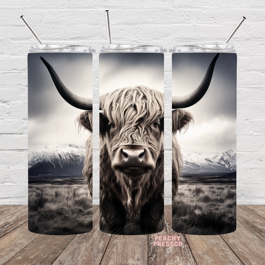 Black and white Highland cow standing before snow-covered mountains on a full wrap 20oz skinny tumbler.