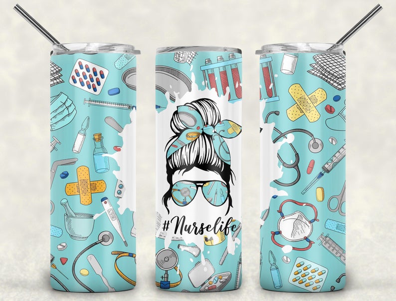 Blue nurse life skinny tumbler featuring medical supplies, stethoscopes, thermometers, bandages, and nurse bun artwork with reusable straw.
