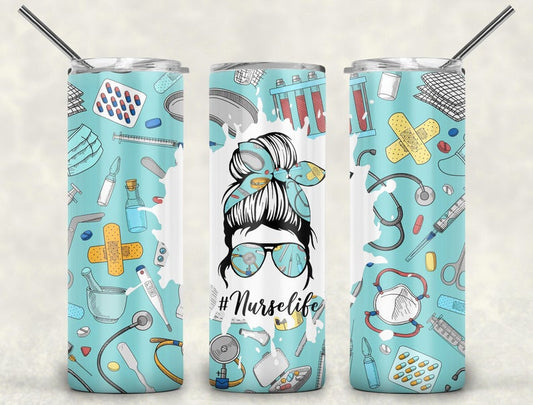 Blue nurse life skinny tumbler featuring medical supplies, stethoscopes, thermometers, bandages, and nurse bun artwork with reusable straw.