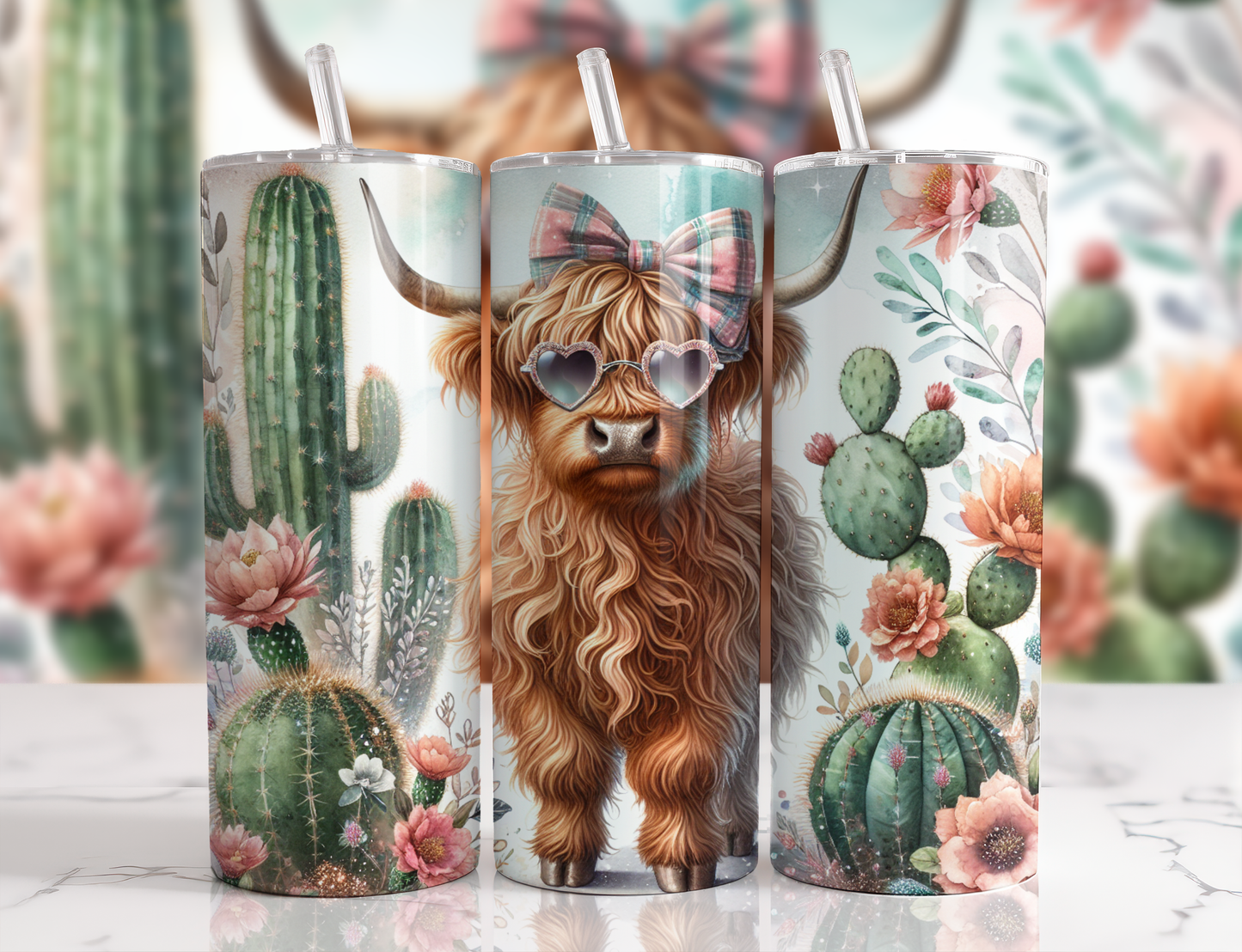 Highland cow wearing heart-shaped sunglasses with blooming cacti and boho florals on a full wrap 20oz skinny tumbler.