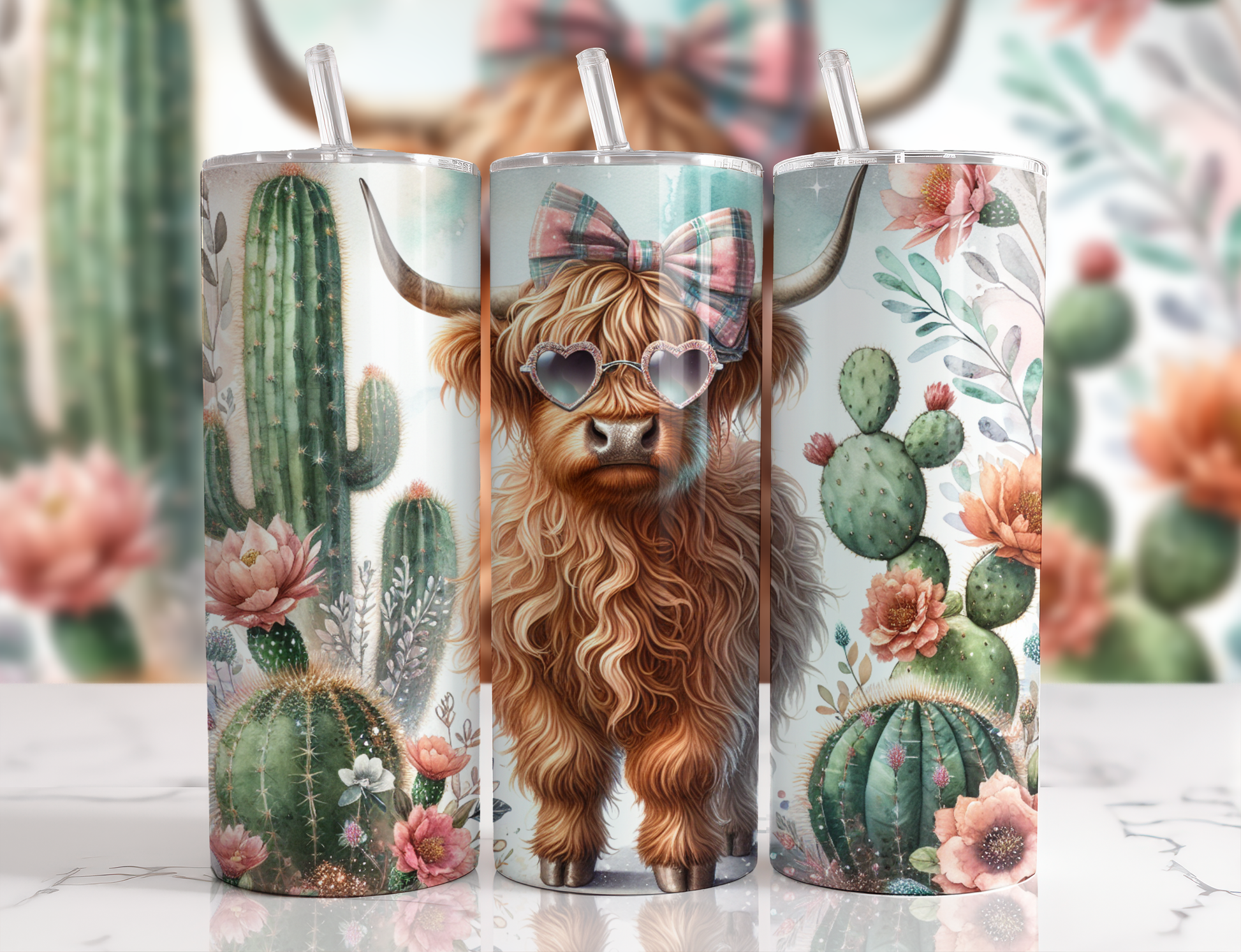 Highland cow wearing heart-shaped sunglasses with blooming cacti and boho florals on a full wrap 20oz skinny tumbler.