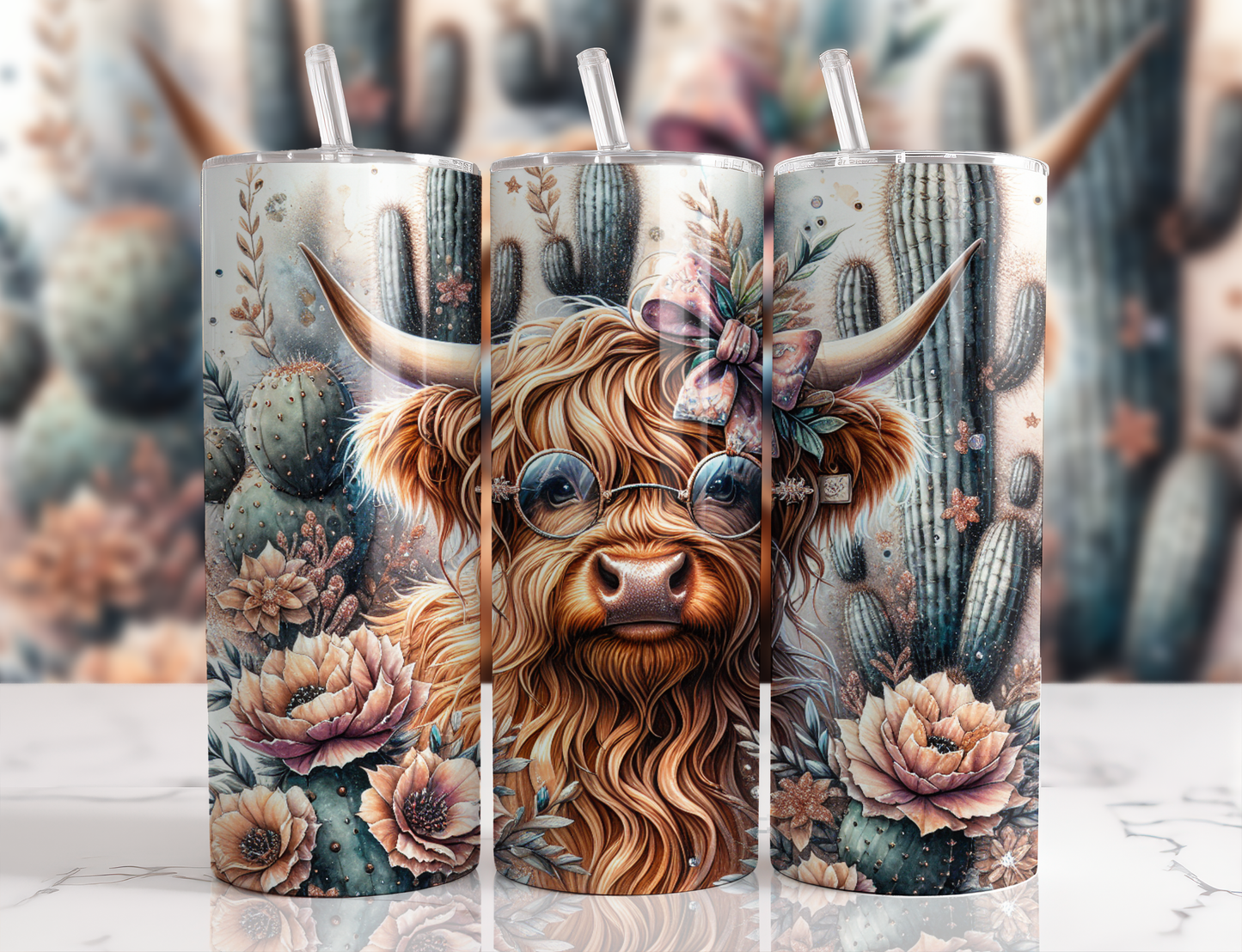Boho Highland cow wearing glasses and a plaid bow surrounded by flowering cacti on a pastel 20oz skinny tumbler.