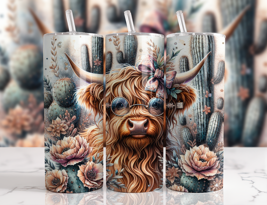 Boho Highland cow wearing glasses and a plaid bow surrounded by flowering cacti on a pastel 20oz skinny tumbler.