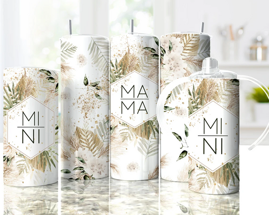 20oz skinny tumbler featuring neutral boho florals, botanical leaves, gold accents, and Mama Mini design.