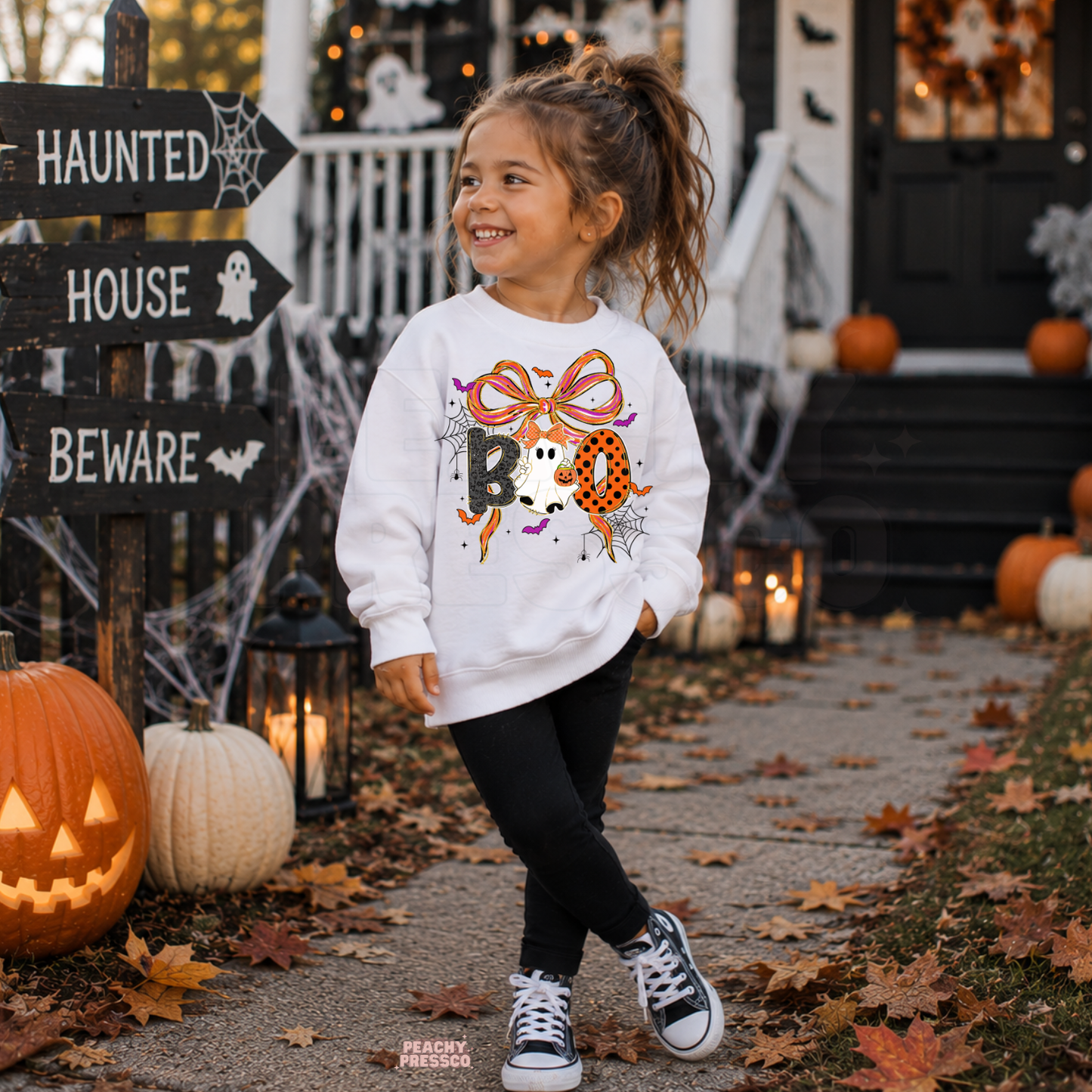 Girl wearing a white Halloween sweatshirt with a colorful BOO ghost, oversized bow, bats and spiderweb design.