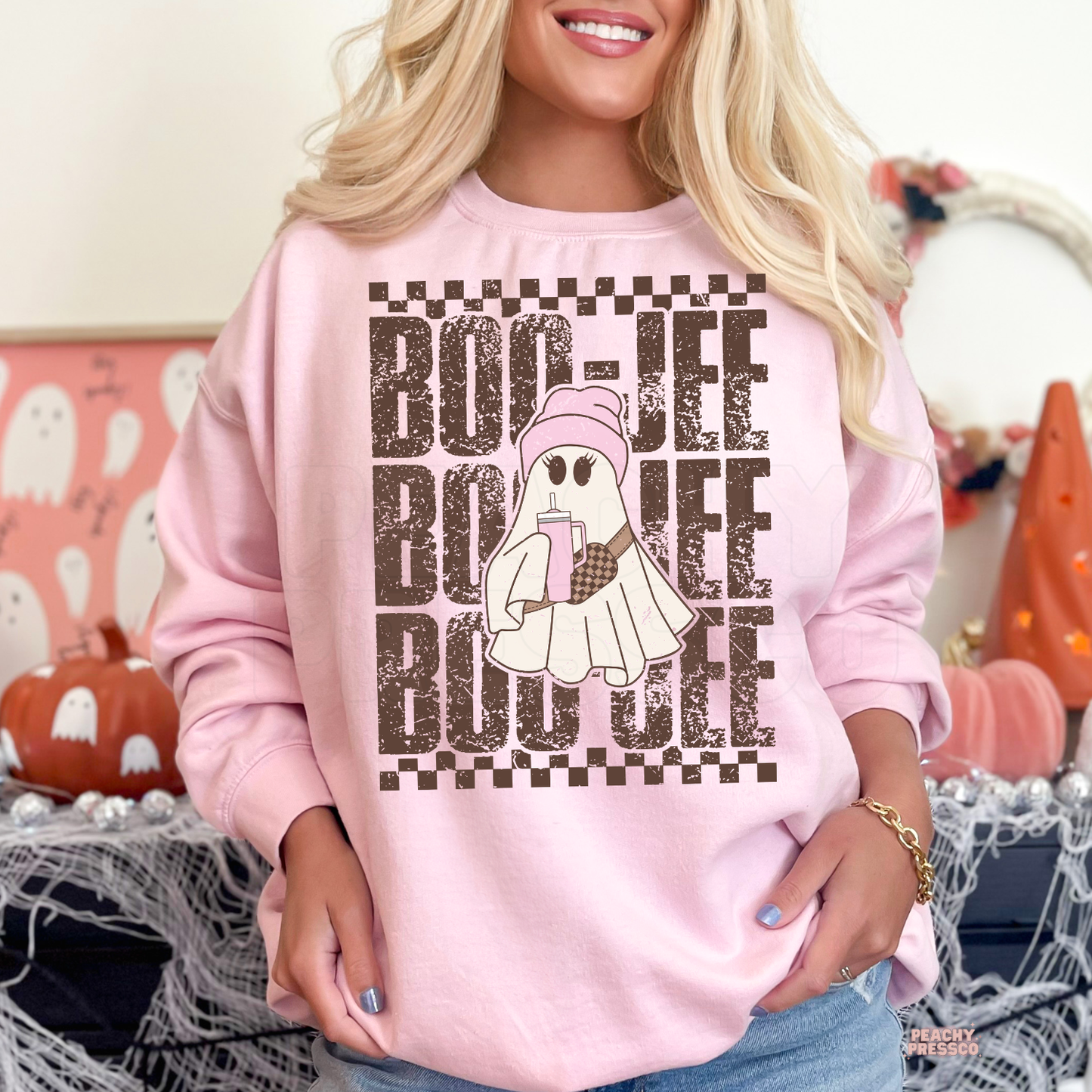Pink Halloween sweatshirt with a cute Boo-Jee ghost wearing a pink beanie and holding a drink