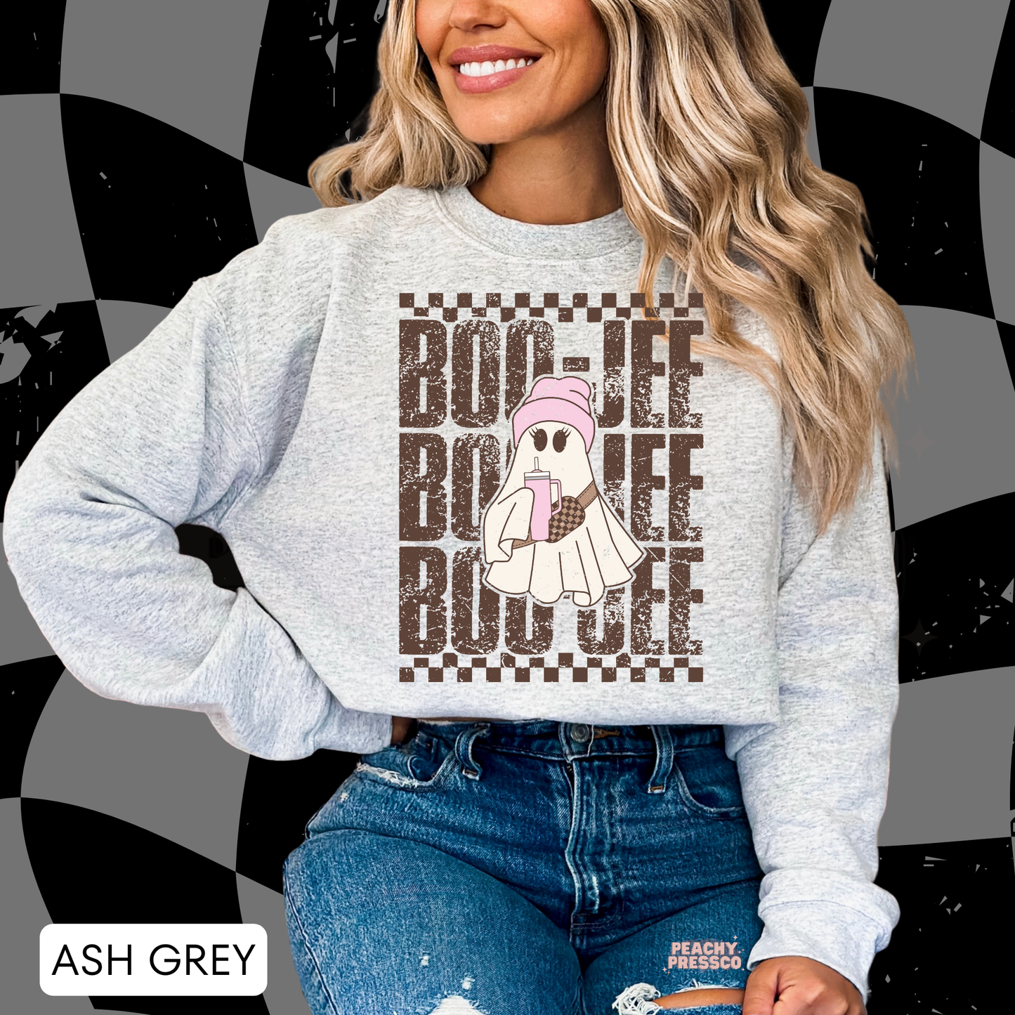 Ash grey Boo-Jee Halloween sweatshirt featuring a cute ghost in a pink beanie with a drink and retro design
