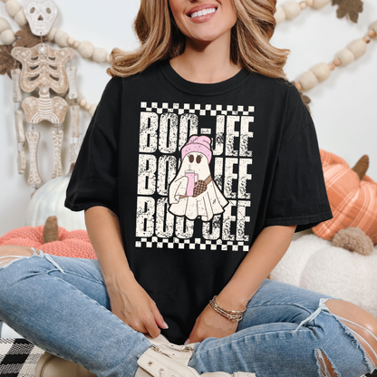 Black Halloween shirt featuring a cute Boo-Jee ghost wearing a pink beanie and holding a drink with retro lettering