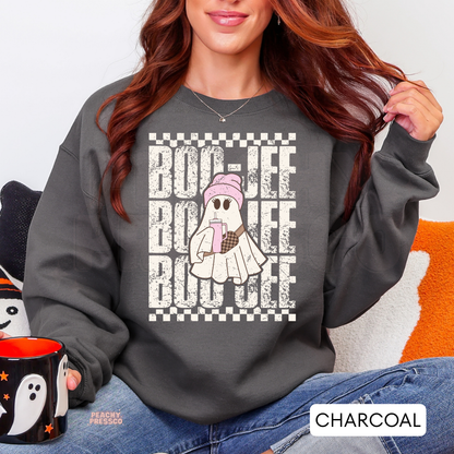 Charcoal Halloween sweatshirt featuring a cute Boo-Jee ghost in a pink beanie holding a drink