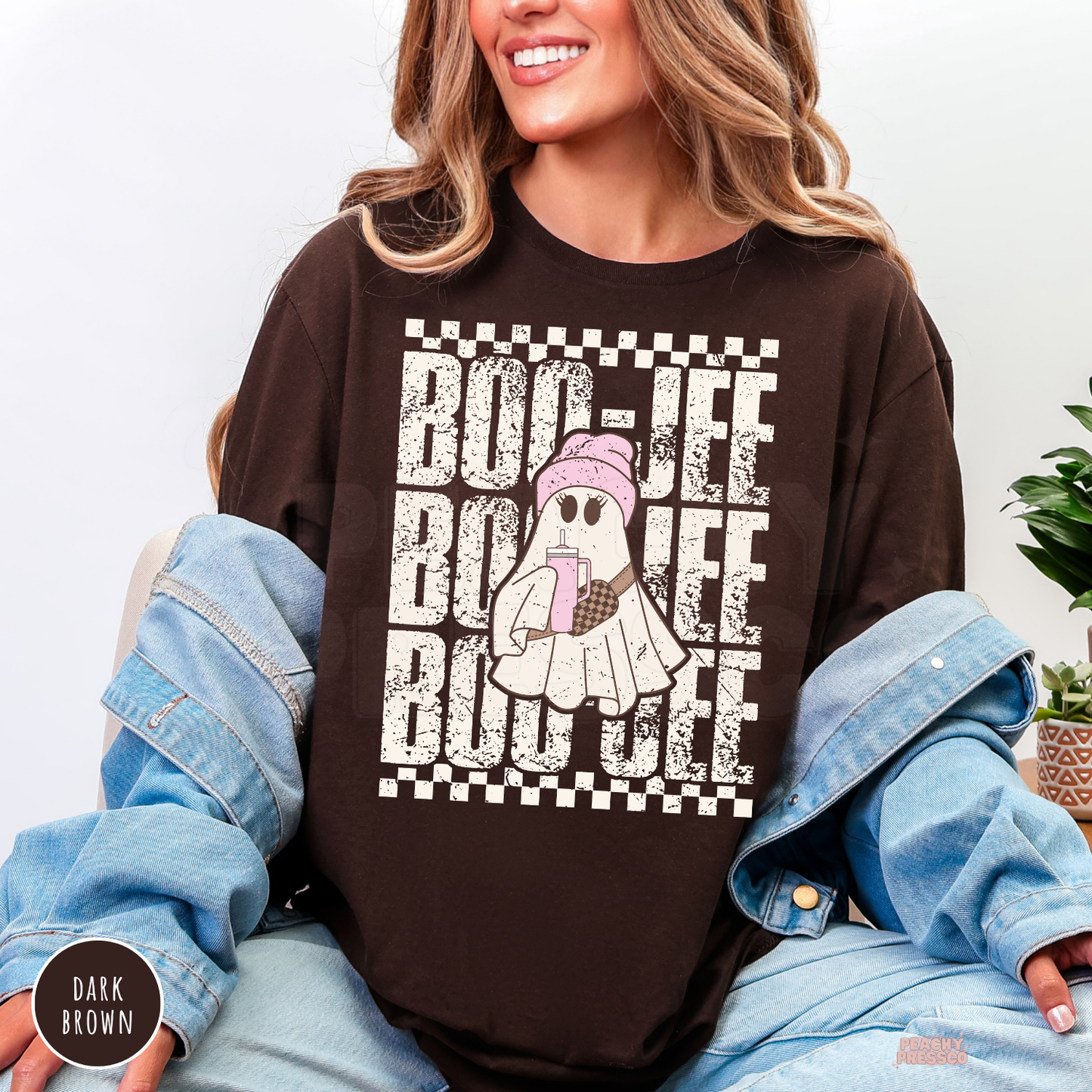 Dark brown Halloween shirt featuring a cute Boo-Jee ghost with pink beanie, drink and distressed retro design