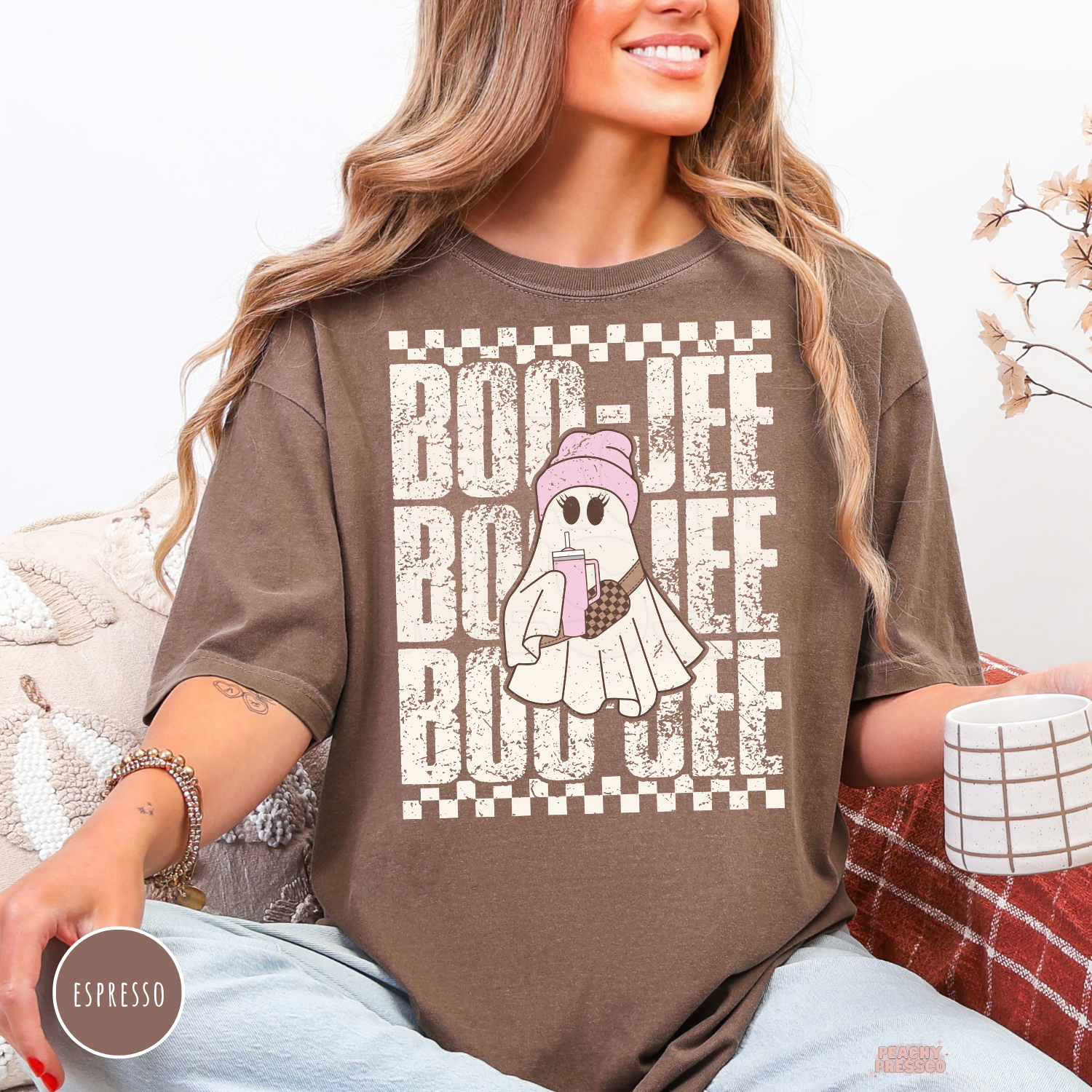 Espresso Boo-Jee Halloween shirt with a trendy ghost wearing a pink beanie and holding a drink