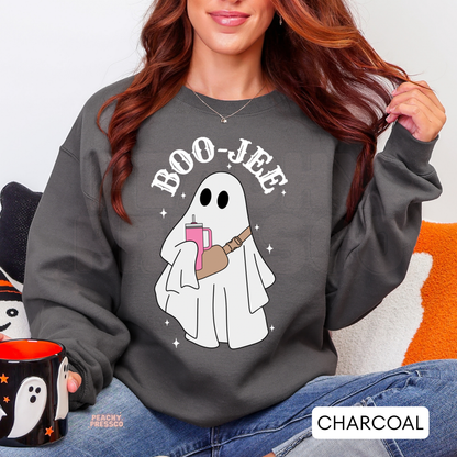 Woman wearing a charcoal Boo-Jee ghost crewneck sweatshirt featuring a cute ghost with pink tumbler.