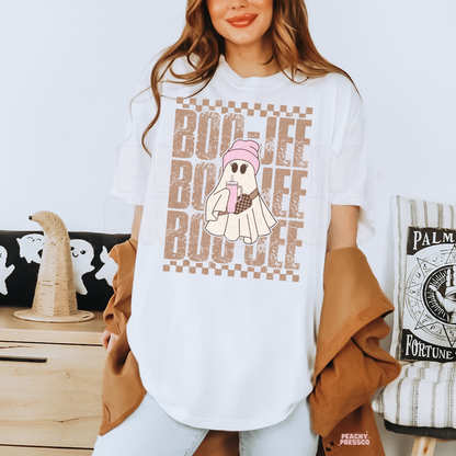 White Boo-Jee Halloween shirt featuring a cute ghost in a pink beanie holding a drink with a retro checkerboard design
