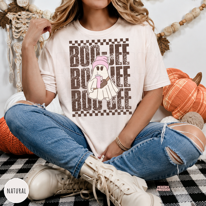Natural Boo-Jee Halloween shirt featuring a girly ghost in a pink beanie holding a drink with retro lettering