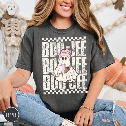 Pepper Halloween shirt featuring a trendy Boo-Jee ghost in a pink beanie with a drink and retro checkerboard graphic