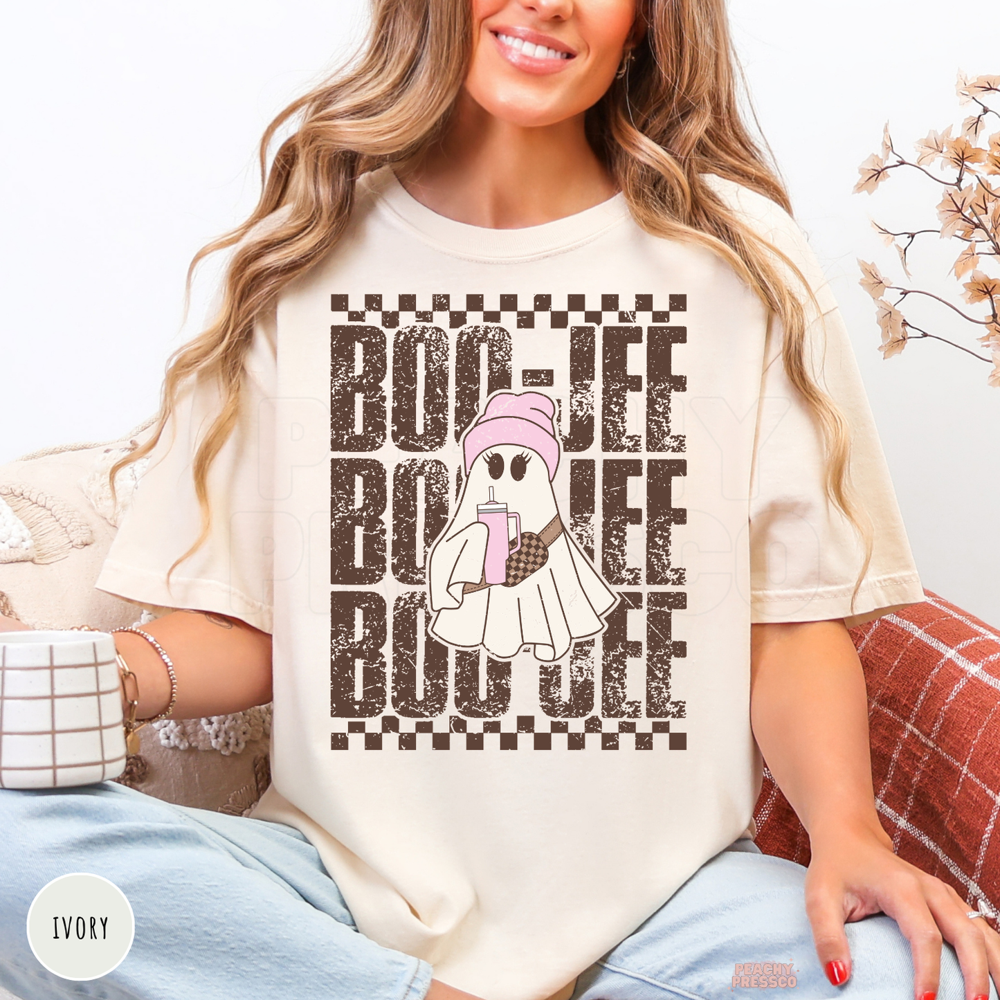 Ivory Halloween shirt with a cute Boo-Jee ghost wearing a pink beanie and holding a drink