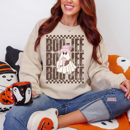 Sand Halloween sweatshirt with a girly Boo-Jee ghost wearing a pink beanie and holding a drink
