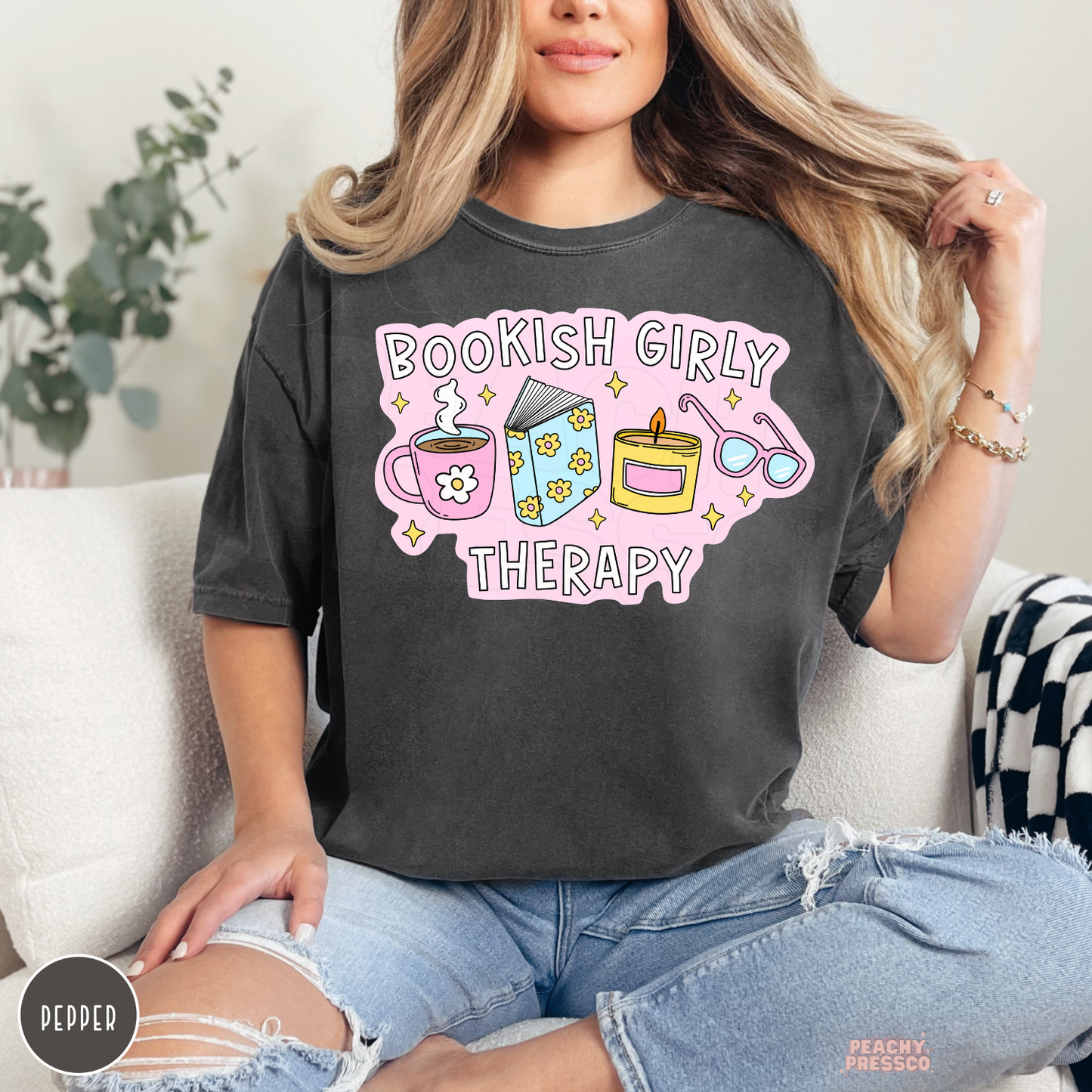Pepper Comfort Colors tee featuring the Bookish Girly Therapy graphic for readers, librarians, teachers, and book lovers.