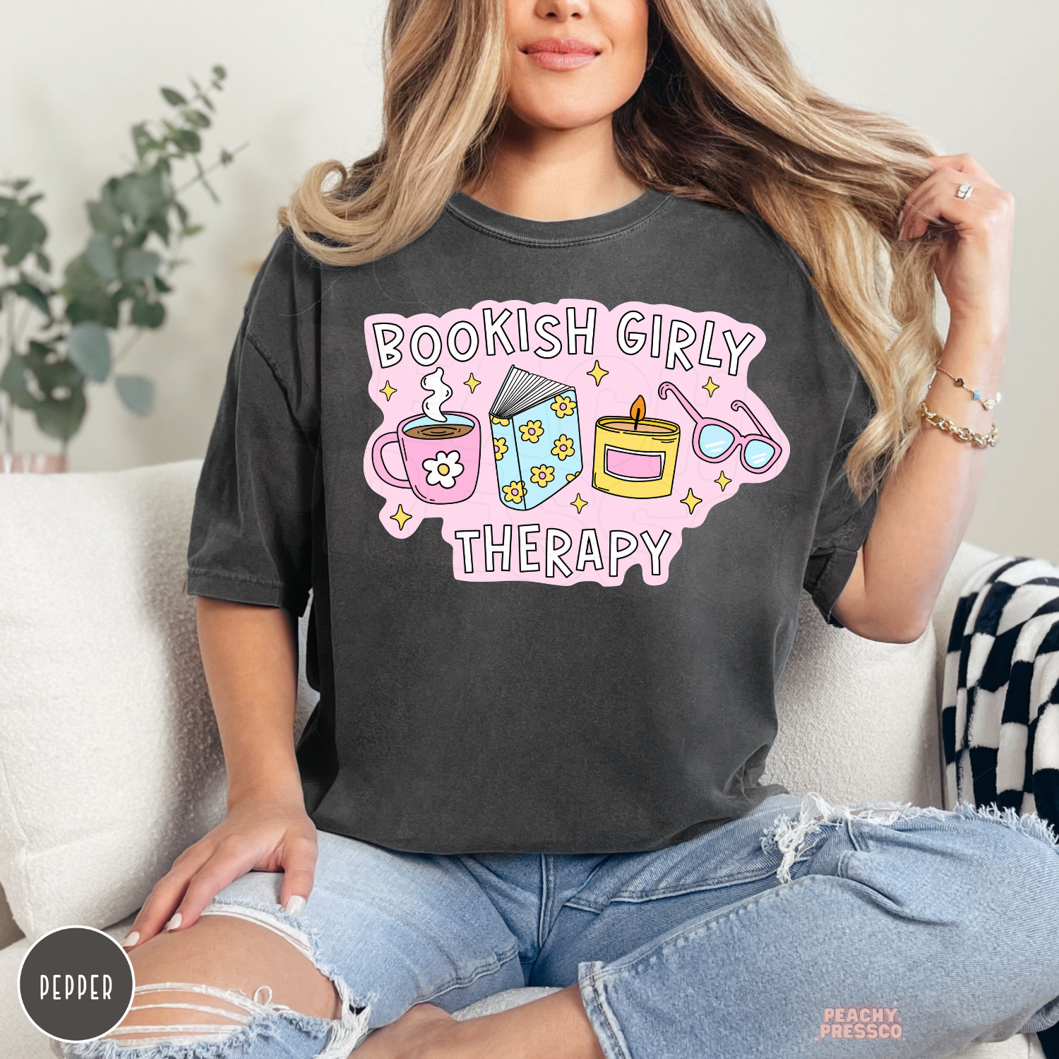 Pepper Comfort Colors tee featuring the Bookish Girly Therapy graphic for readers, librarians, teachers, and book lovers.
