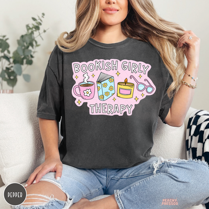 Pepper Comfort Colors tee featuring the Bookish Girly Therapy graphic for readers, librarians, teachers, and book lovers.