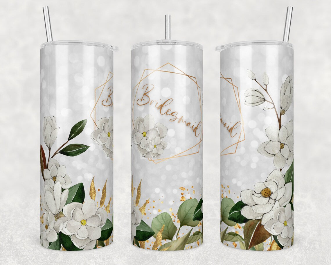 20oz skinny tumbler featuring elegant white watercolor flowers with gold accents and a personalized "Bridesmaid" design on a soft bokeh background. Perfect bridesmaid proposal gift, bridal party keepsake, wedding day accessory, or thank-you gift.