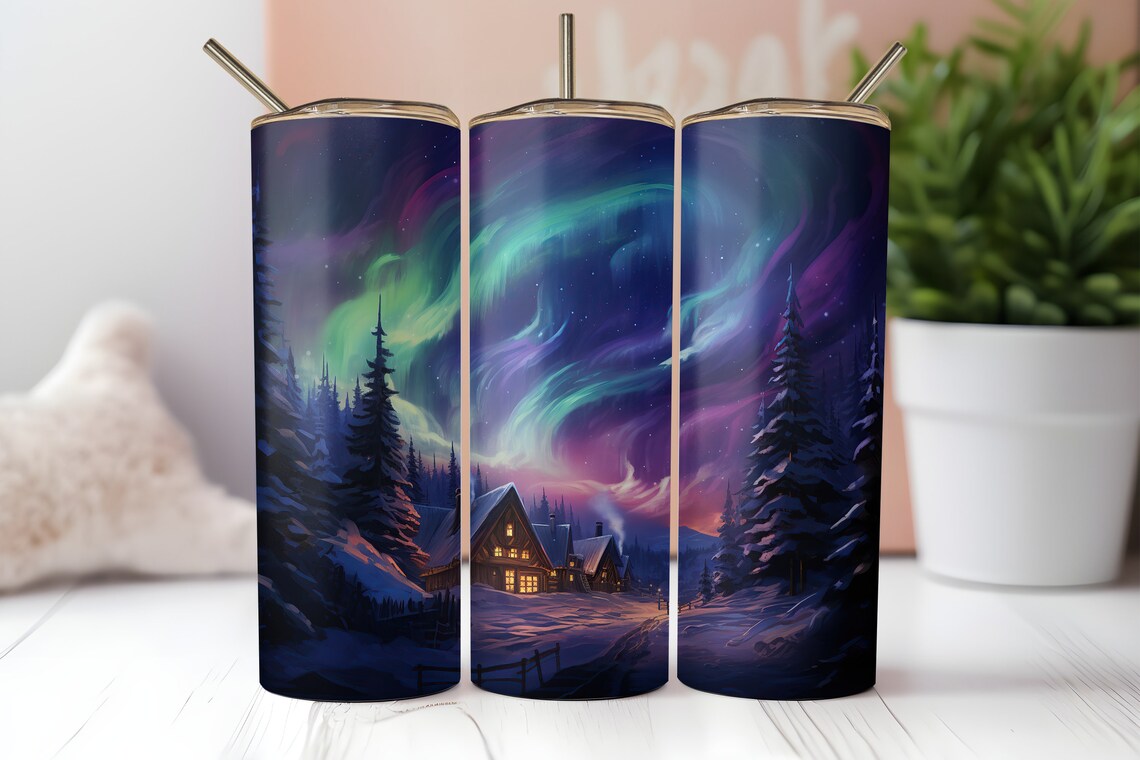 Northern Lights Winter Cabin Tumbler – 20oz Scenic Christmas Cup
