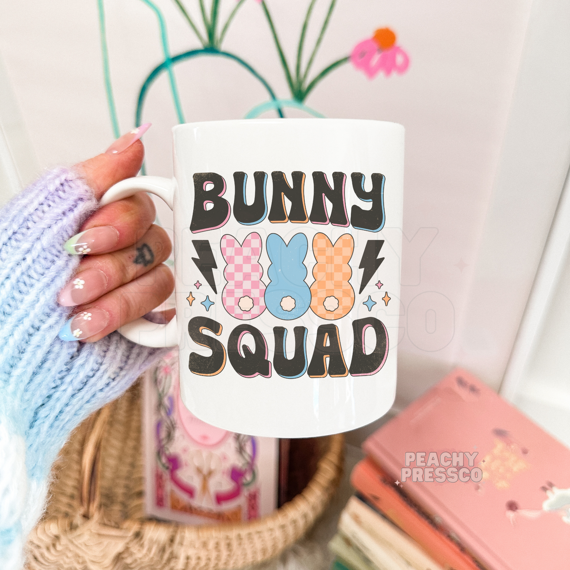 Retro Easter coffee mug featuring pastel peep bunnies, bold vintage lettering, and colorful spring accents.