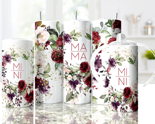 20oz skinny tumbler featuring burgundy watercolor flowers, gold accents, and Mama Mini design.