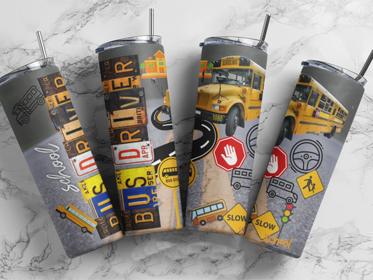School Bus Driver Tumbler – 20oz Travel Cup with License Plates & Road Signs