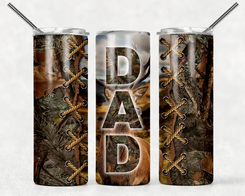 Hunting tumbler featuring a deer, camouflage background, lace accents, and custom Dad lettering, ideal for hunters and Father's Day gifts.