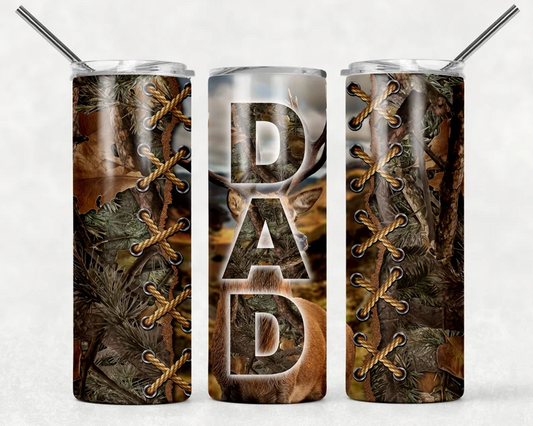 Hunting tumbler featuring a deer, camouflage background, lace accents, and custom Dad lettering, ideal for hunters and Father's Day gifts.