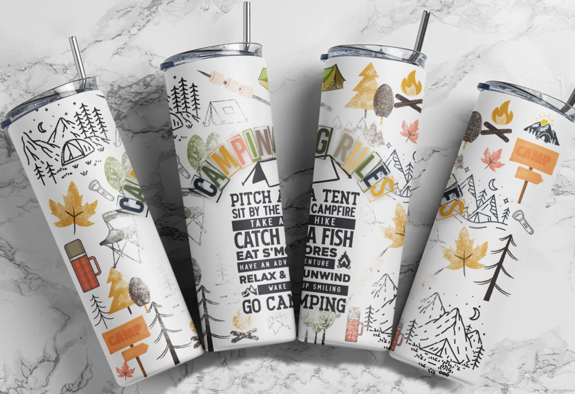 20oz skinny tumbler featuring camping icons, tents, campfire, and "Camping Rules" typography for outdoor lovers.