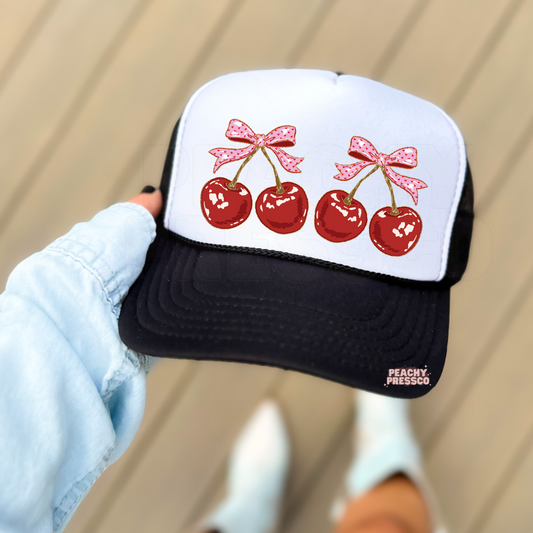 Cherry Bow Trucker Hat – Cute Coquette Aesthetic Red Cherries & Pink Bows Mesh Cap