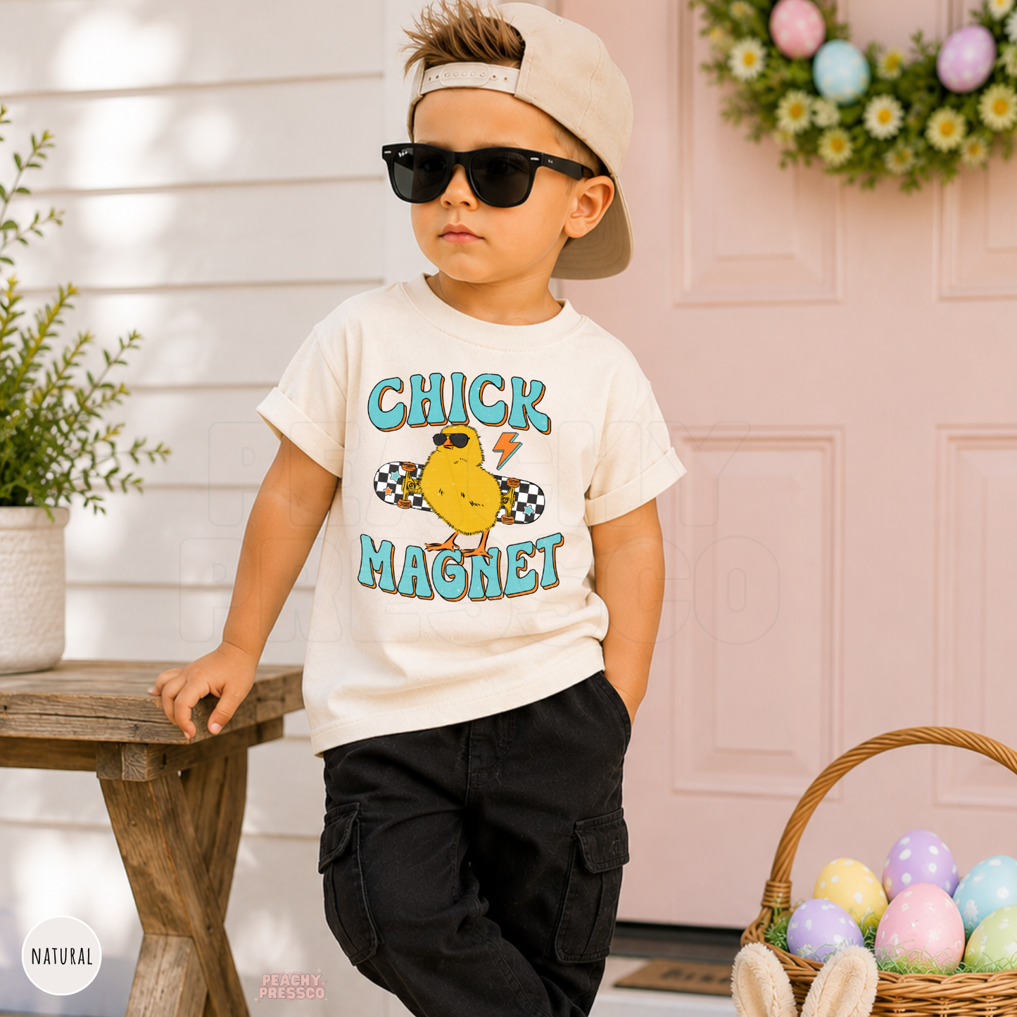 Toddler boy wearing a natural Chick Magnet Easter tee with a retro skateboard chick graphic and fun Easter design.