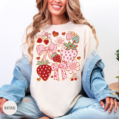 Natural shirt featuring a vintage-inspired coquette strawberry graphic with pink bows, strawberries, flowers, and playful heart accents.