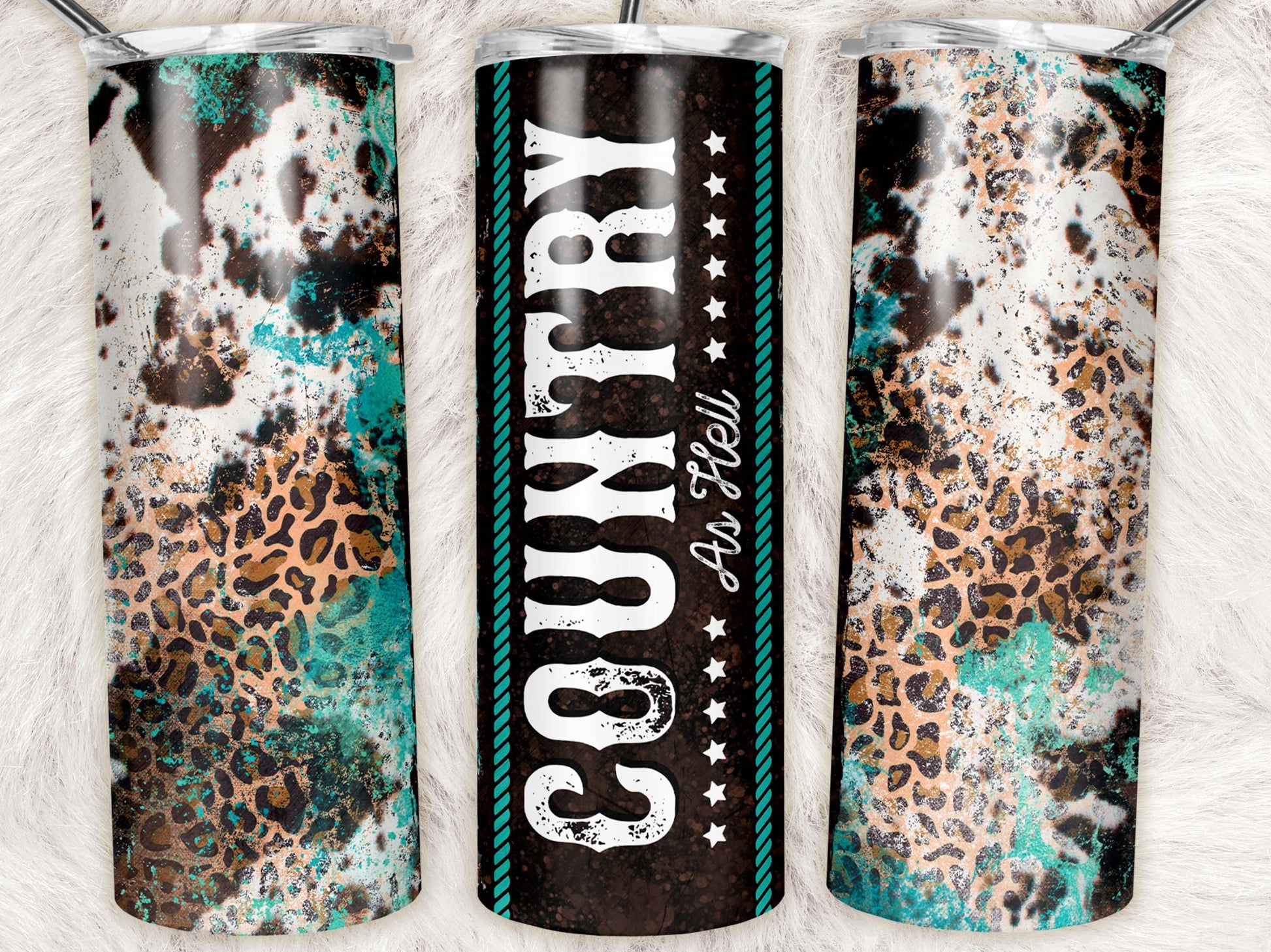 Country As Hell western tumbler with turquoise leopard print, cowhide accents, and rustic western style.