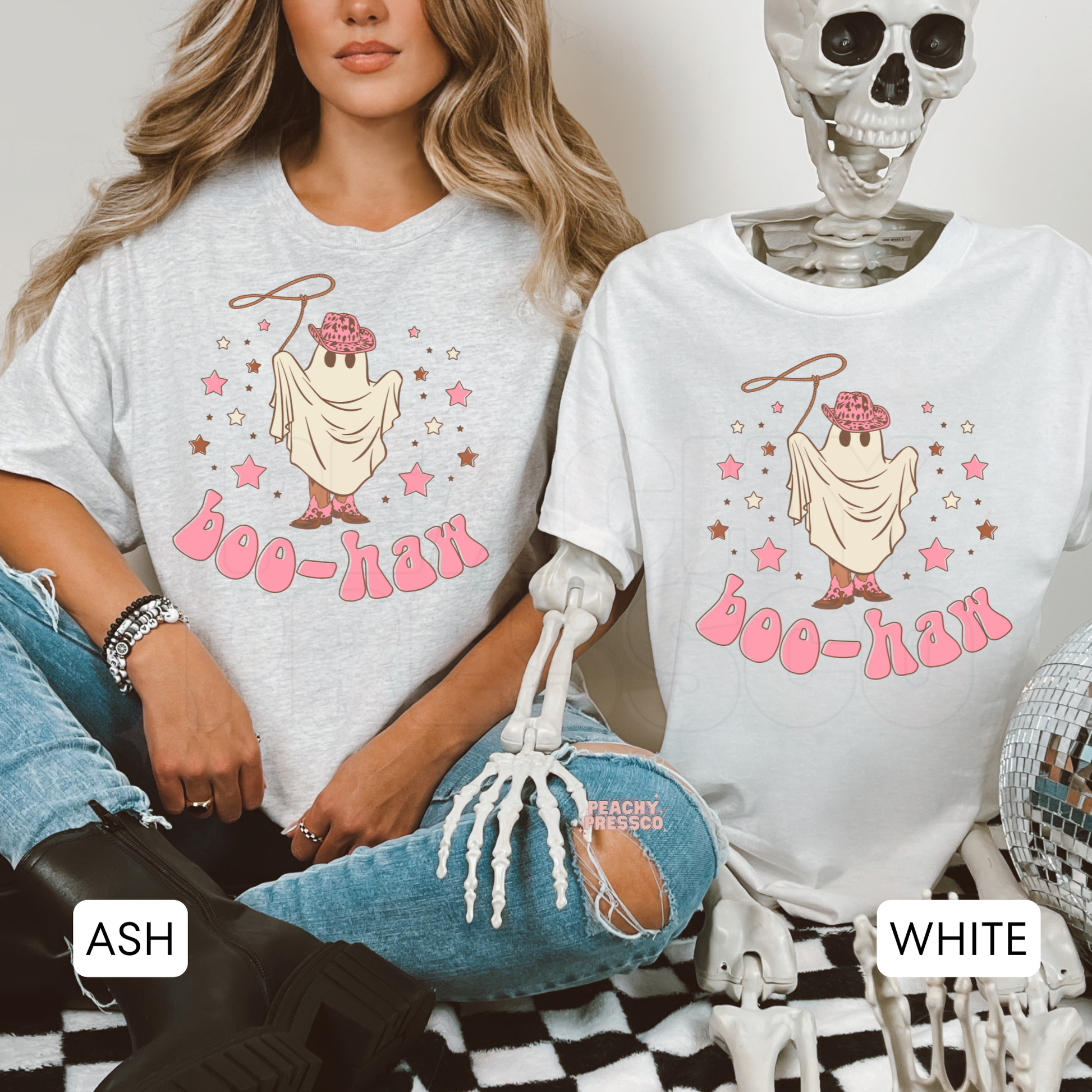 Ash grey and white Halloween t-shirts displayed with matching Boo-Haw cowgirl ghost design beside a Halloween skeleton mockup.