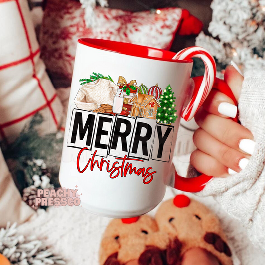 Red handle mug featuring Merry Christmas text with cozy cable knit sweater, gingerbread house, milk, and Christmas tree graphics.