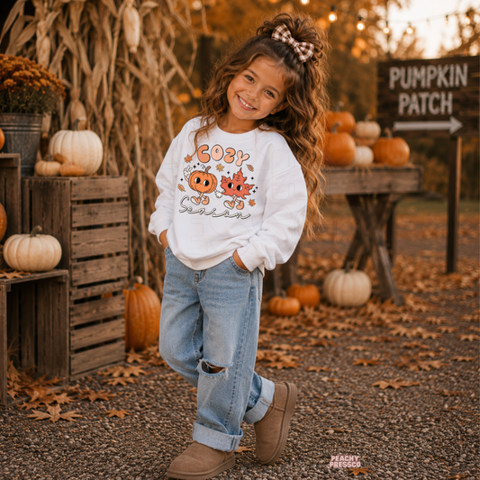 Smiling toddler girl wearing a white "Cozy Season" sweatshirt with adorable pumpkin and leaf graphics at a rustic pumpkin patch.