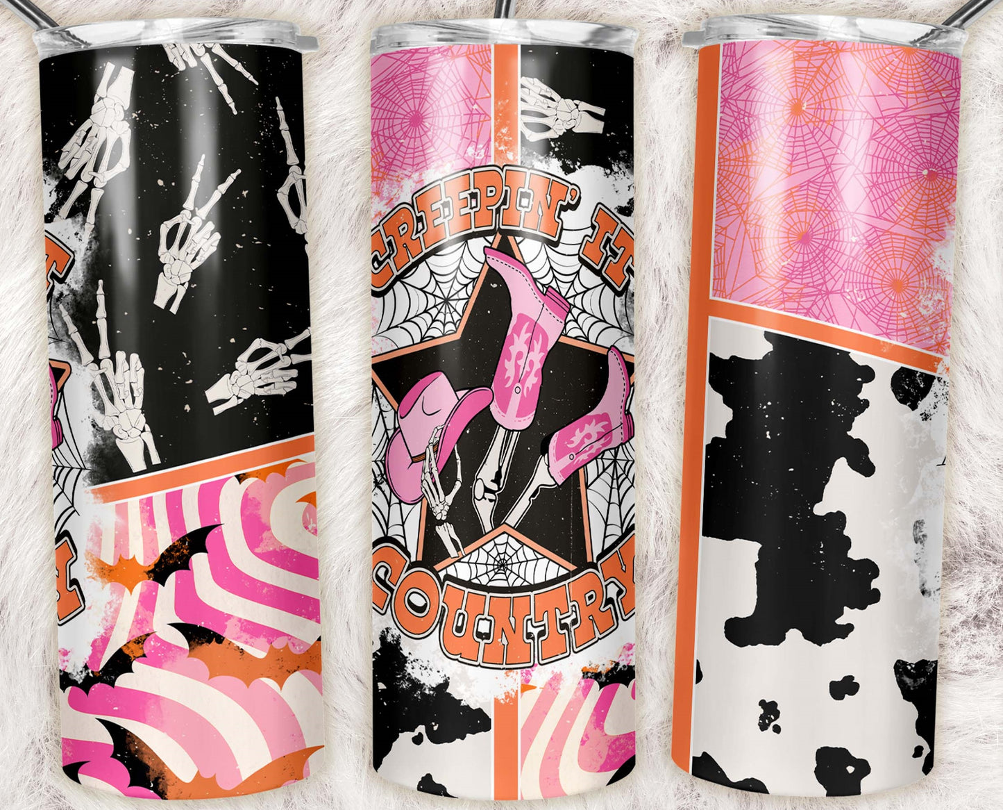 20oz skinny tumbler featuring pink cowboy boots, skeleton hands, spider webs, bats and retro Halloween western design.